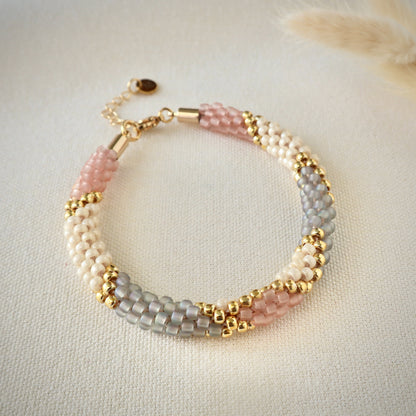 Rosy Sky Braided Bracelet - Dreamy pink, cream and blue grey colour Beaded Bracelet with gold accents. Braided Beaded Bracelet with Japanese Glass Seed Beads using the Kumihimo technique - Southeast Sparrow Jewellery