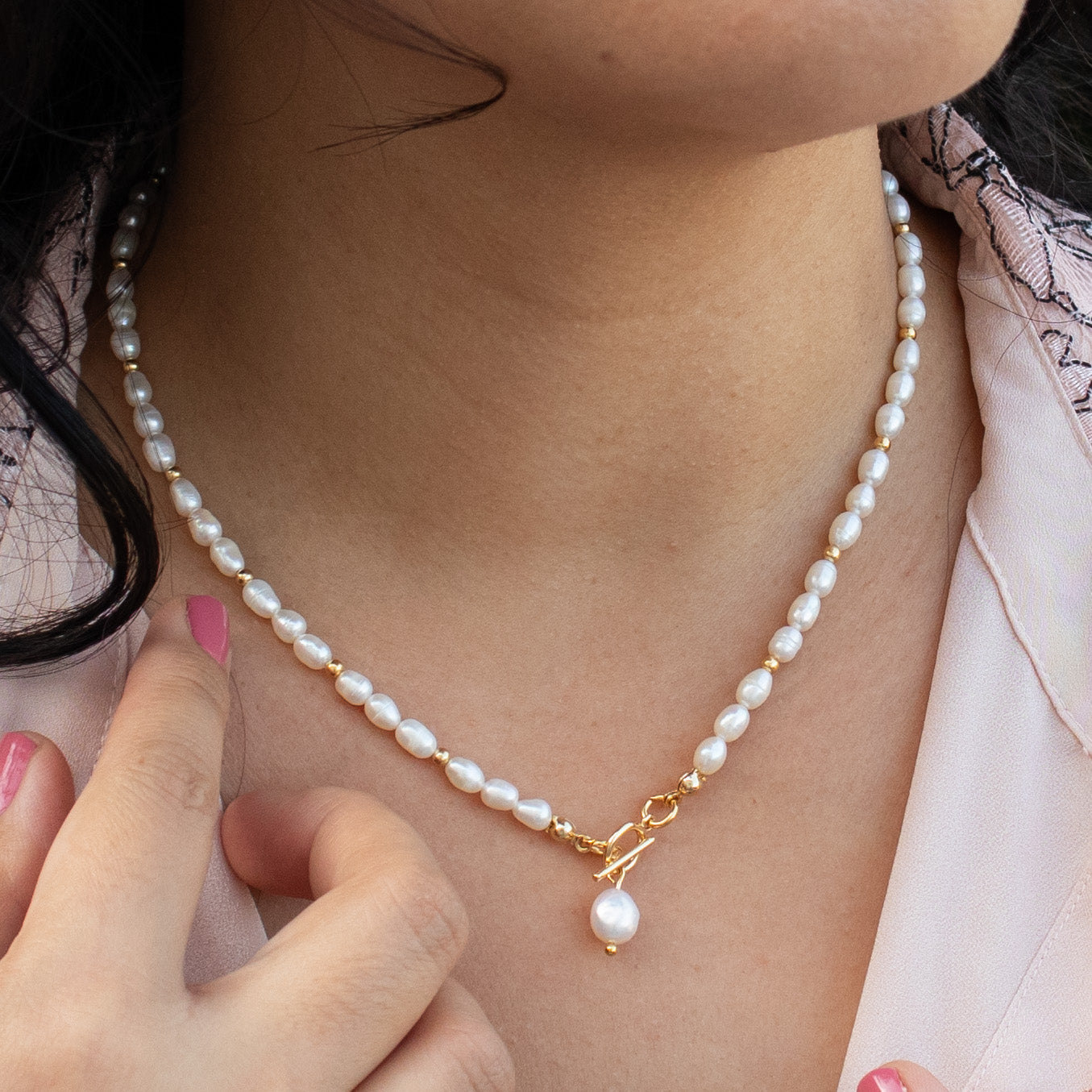 Rice Pearl Necklace with Pearl Pendant