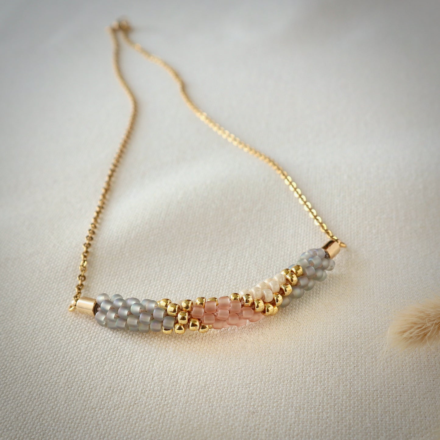 Rosy Sky Braided Bracelet - Dreamy pink, cream and grey Beaded Bar Pendant Necklace with gold accents. Braided with Japanese Glass Seed Beads using the Kumihimo technique - Southeast Sparrow Jewellery